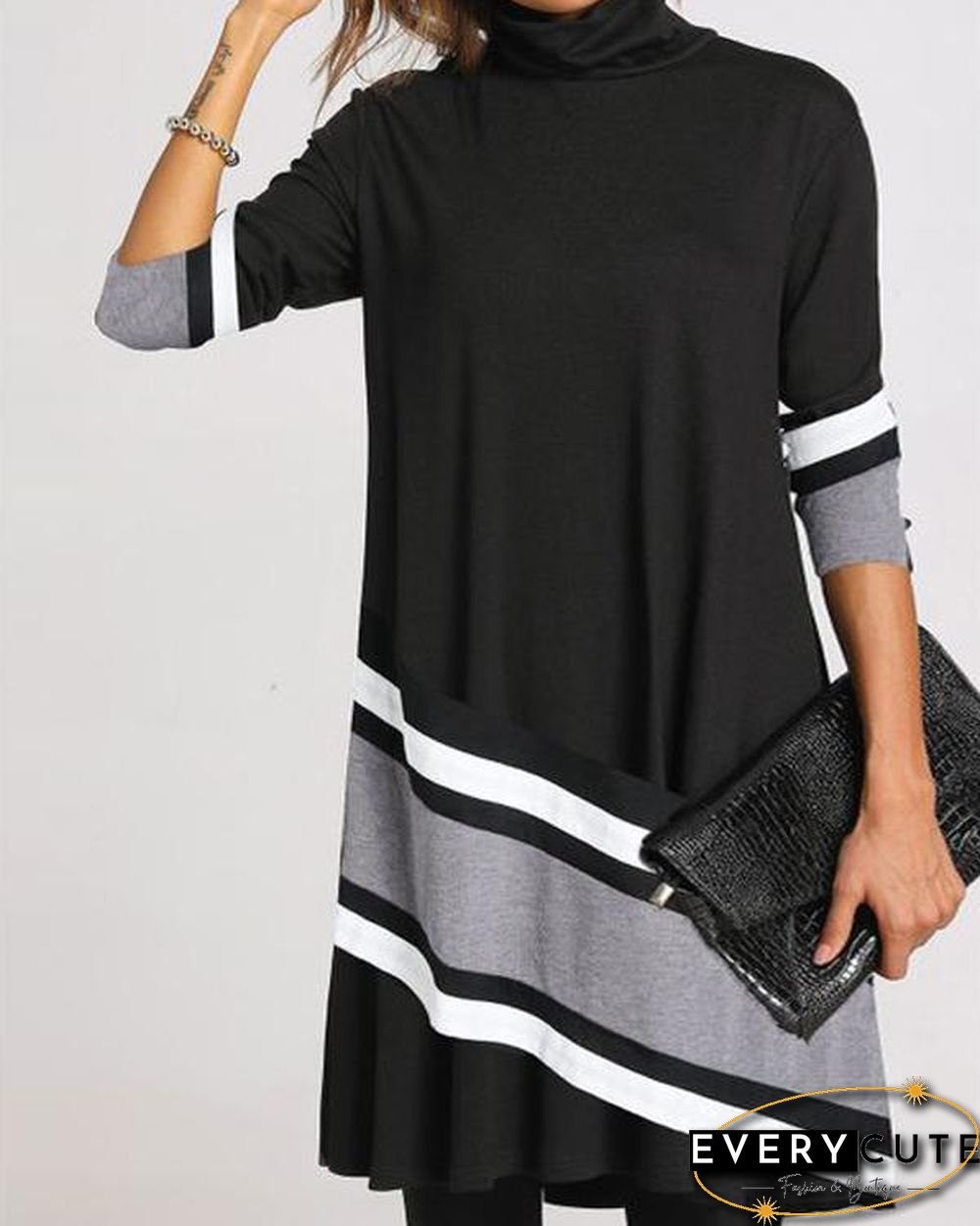 Casual Plus Size Color Block/Floral Tunic High Neckline Shift Dress