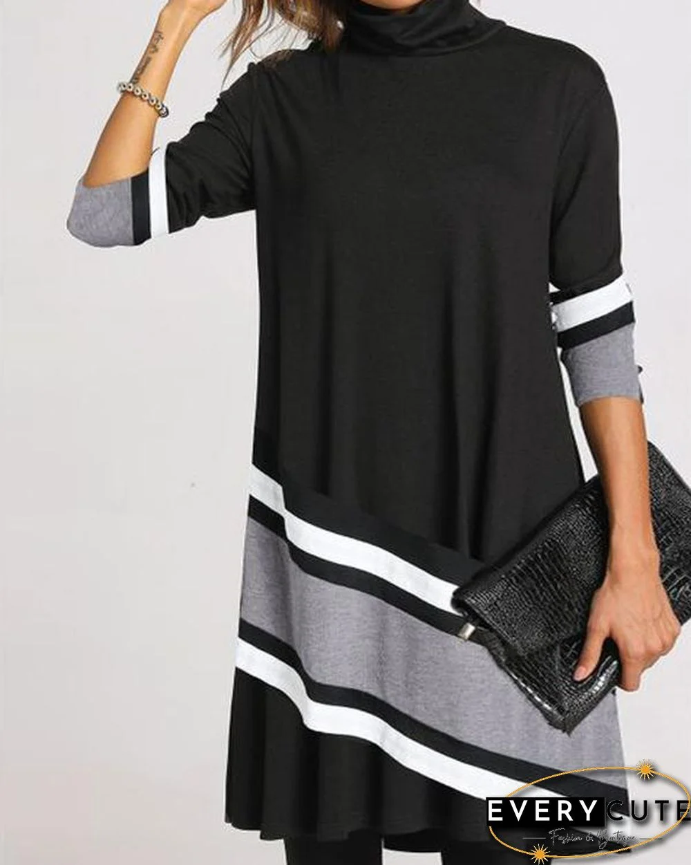 Casual Plus Size Color Block/Floral Tunic High Neckline Shift Dress