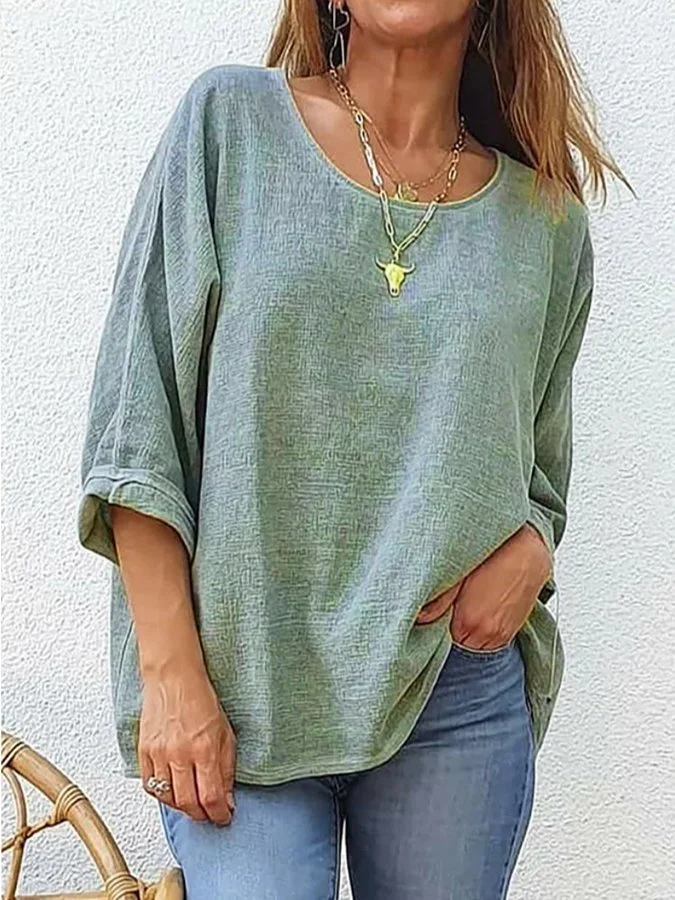 Women's Cotton Linen Casual Loose Round Neck Short Sleeve T-Shirt-mysite