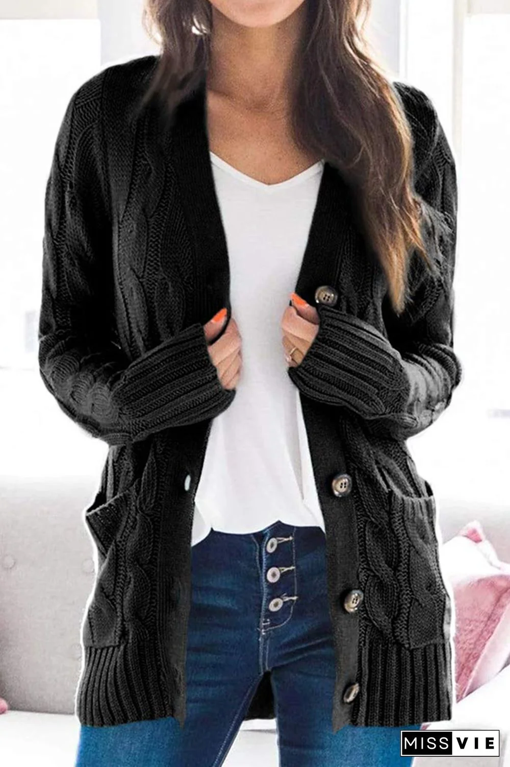 Casual Solid Split Joint Buckle Cardigan Collar Tops(5 Colors)