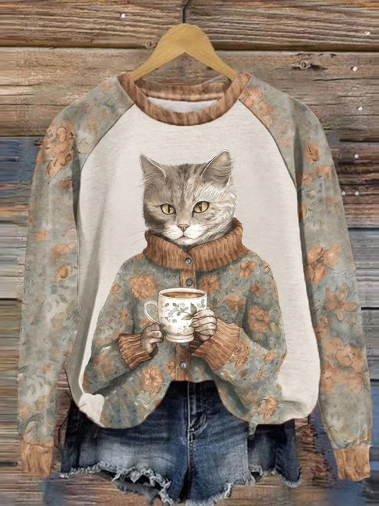 Comstylish Winter Funny Cute Wonderland Clothing Floral Cat Printed Casual Sweatshirt