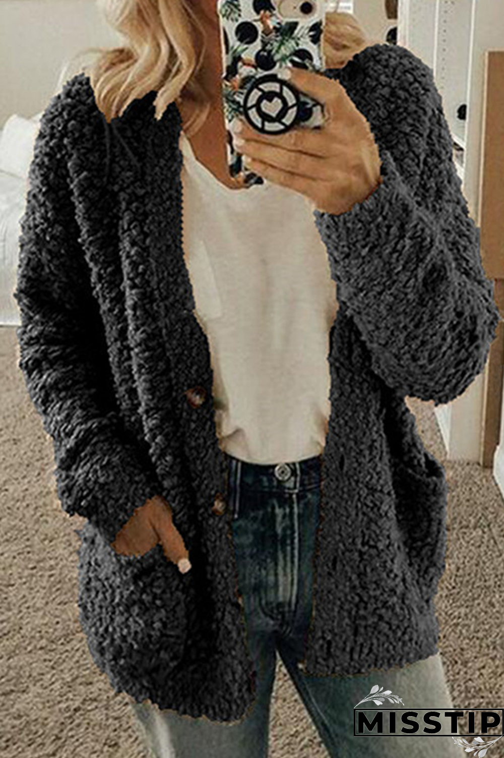 Black Casual Solid Pocket Buckle Outerwear