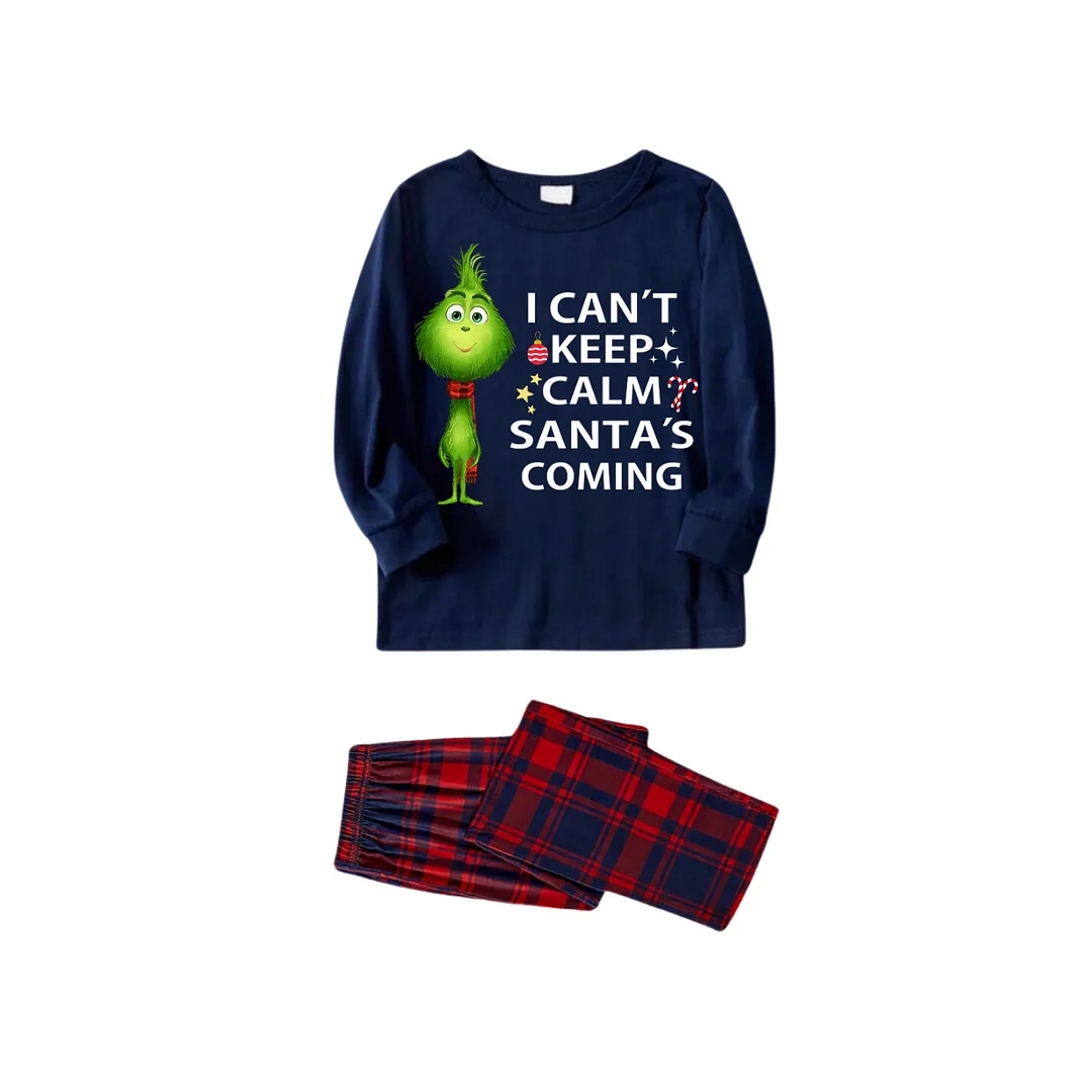 "I Can't Keep Calm, Santa's Coming" Slogan Printed Red and Blue Plaid Christmas Matching Pajamas