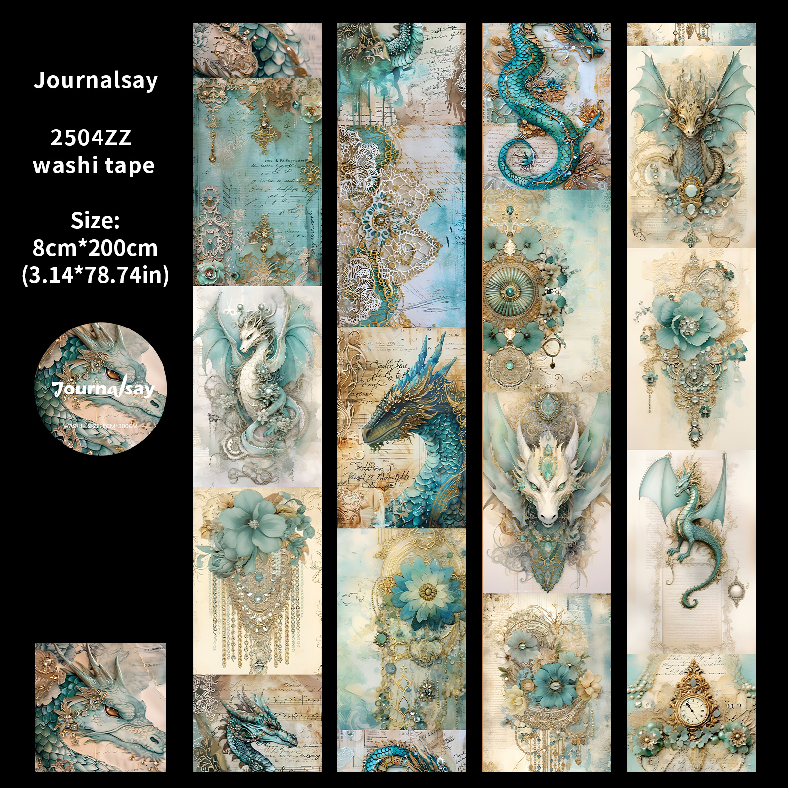 Washi Tape - 80mm*200cm Vintage Dragon Flower Jewelry Landscape