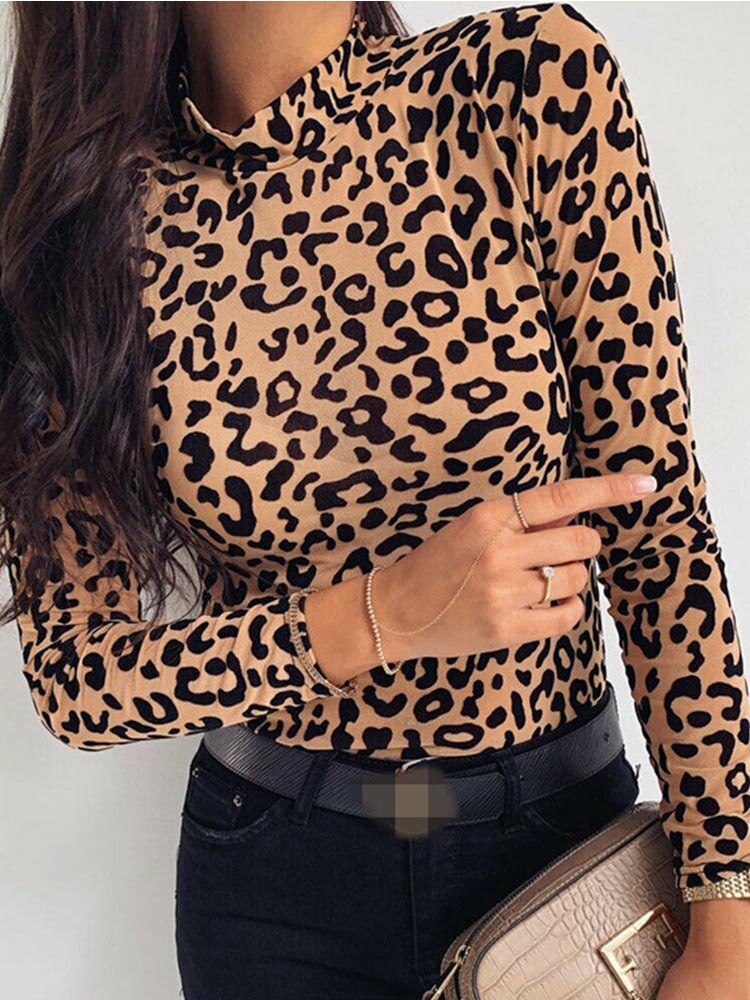 Women Blouses Fashion Leopard Print Turtle Neck Blouse Autumn Long Sleeve Shirts Party Ladies Clothes Womens Blouses And Tops