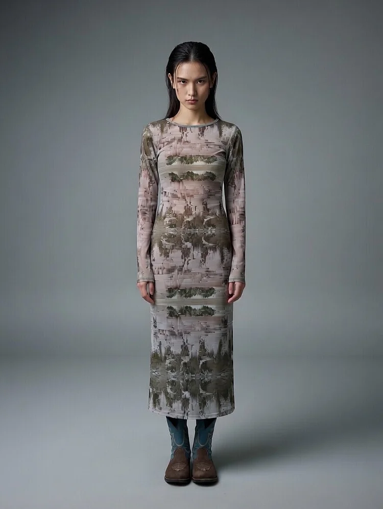 HYPERSOMNIAZZZZ Printed Mesh Dress - 15 Recycled Water Bottles - Grey