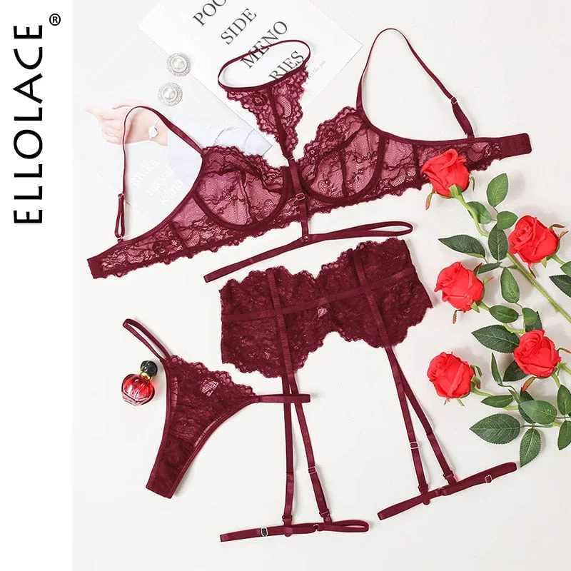 Ellolace Sensual Lingerie Sexy Lace Halter Erotic Costumes 4-Piece Underwire Bra Thongs Exotic Set Garters Intimate Bottom Whore 514-1