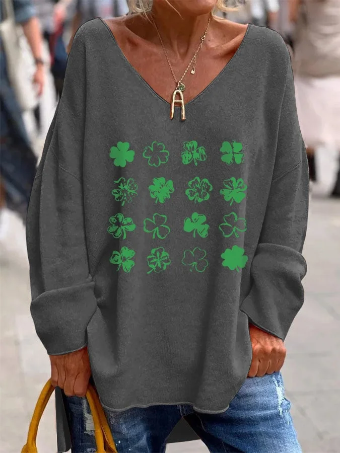 Women's St. Patrick's Day Print V-Neck Long Sleeve Top