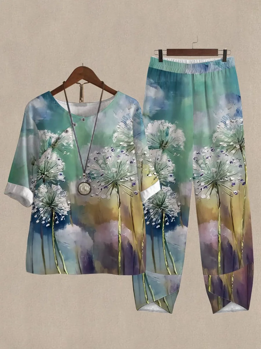 Oil Painting Dandelion Print Top And Pants Two-piece Suits