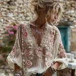 Women's Pink Floral Embroidery V-neck Linen Blend T-shirt - Image 2