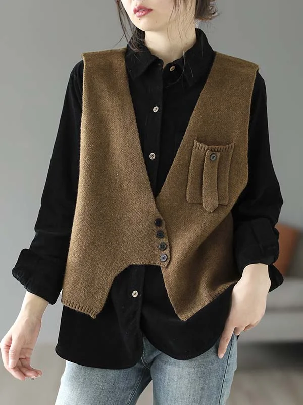Artistic Retro Sleeveless Irregularity Buttoned V-Neck Vest Top