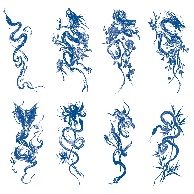 8 Sheets Snake Flower Dragon Bamboo Half Arm Juice Ink Semi-Permanent Tattoo Lasts 15 days