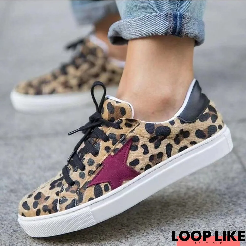 Women's Sneakers Comfort Shoes Plus Size Daily Summer Sequin Flat Heel Round Toe Casual Minimalism Faux Leather Glitter Lace-up Leopard Leopard Brown Khaki