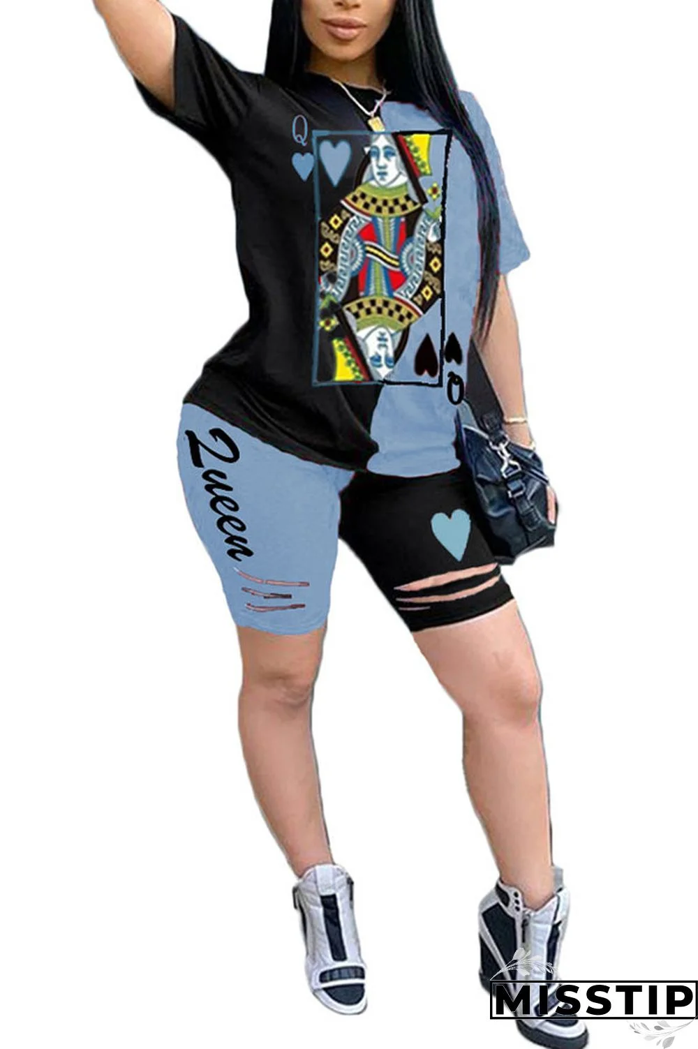 Blue venetian Fashion Casual Patchwork Print Two Piece Suits pencil Short Sleeve Two Pieces