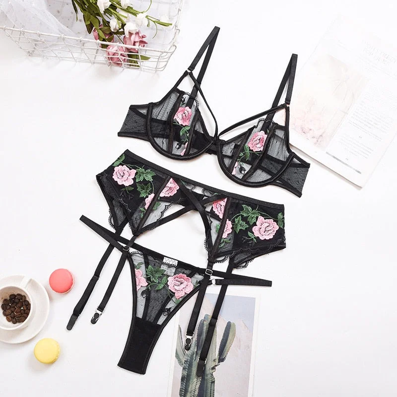 Floral Embrodiery Lace Lingerie 3 Piece Set Sexy Underwear Women Bra and Panties Sets Bra Lingeries Feminina