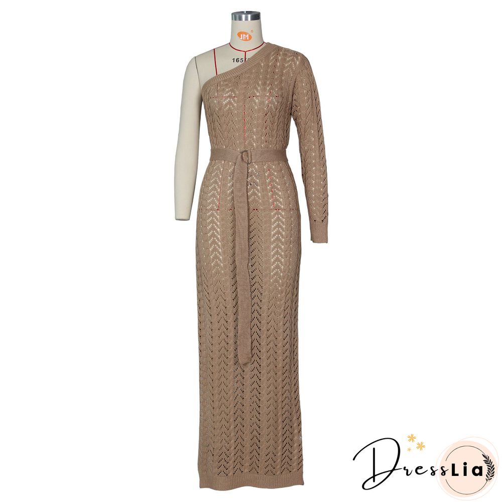 Women Sexy One Shoulder Long Sleeve Hollow Out Knitted High Slit Bodycon Maxi Club Party Beach Dress