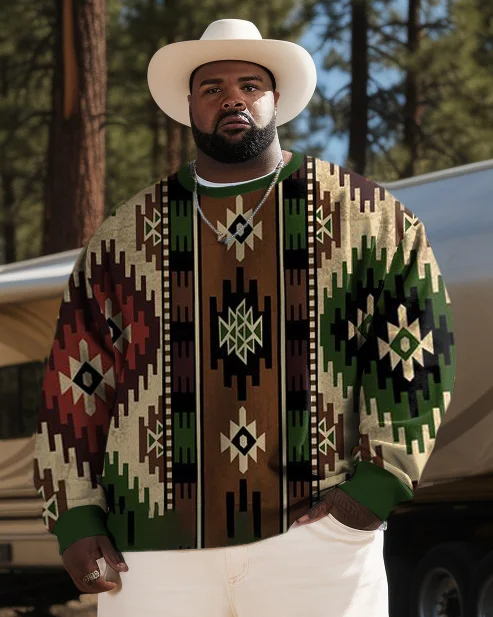 Men's Plus Size Western Ethnic Diamond Color Block Round Neck Long Sleeve Sweatshirt