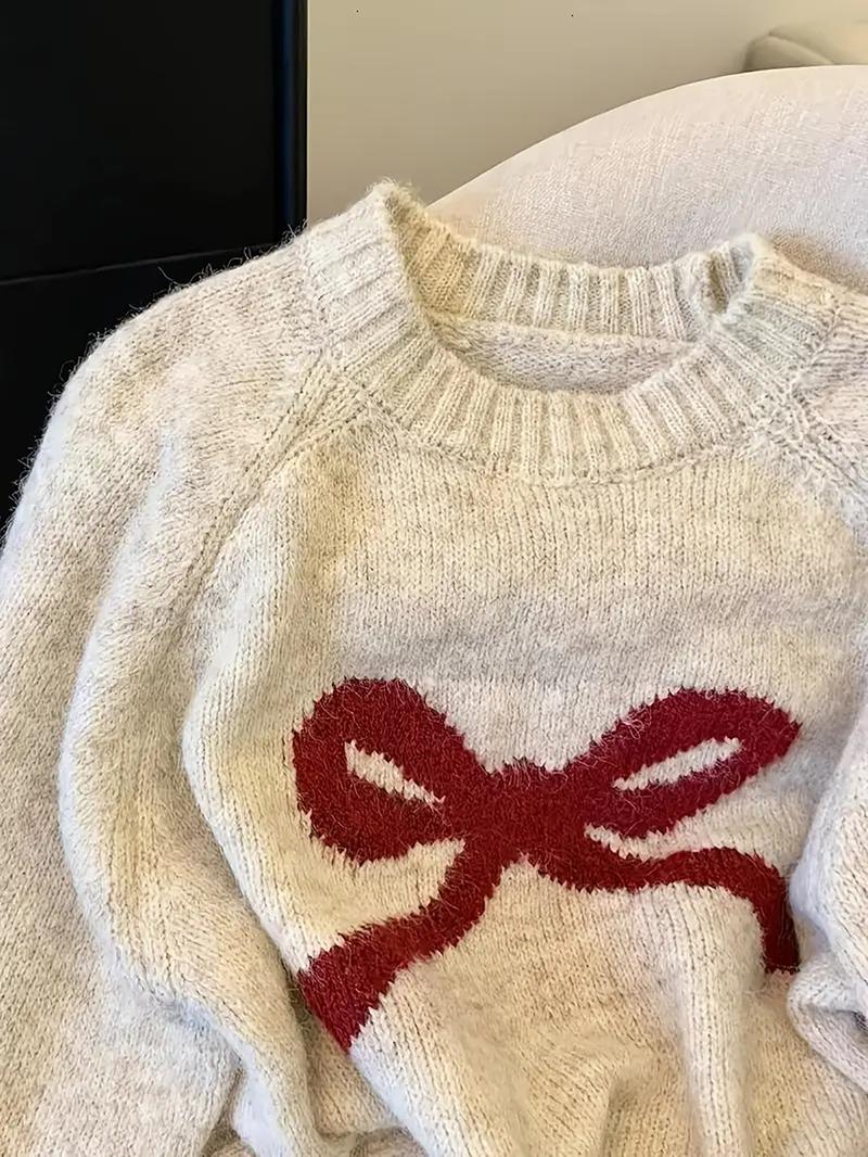 Elegant Bow Knit Sweater for Women, Sweet Autumn Winter Fashion, Thick Casual Pullover Top, Unique Design, Versatile Outerwear