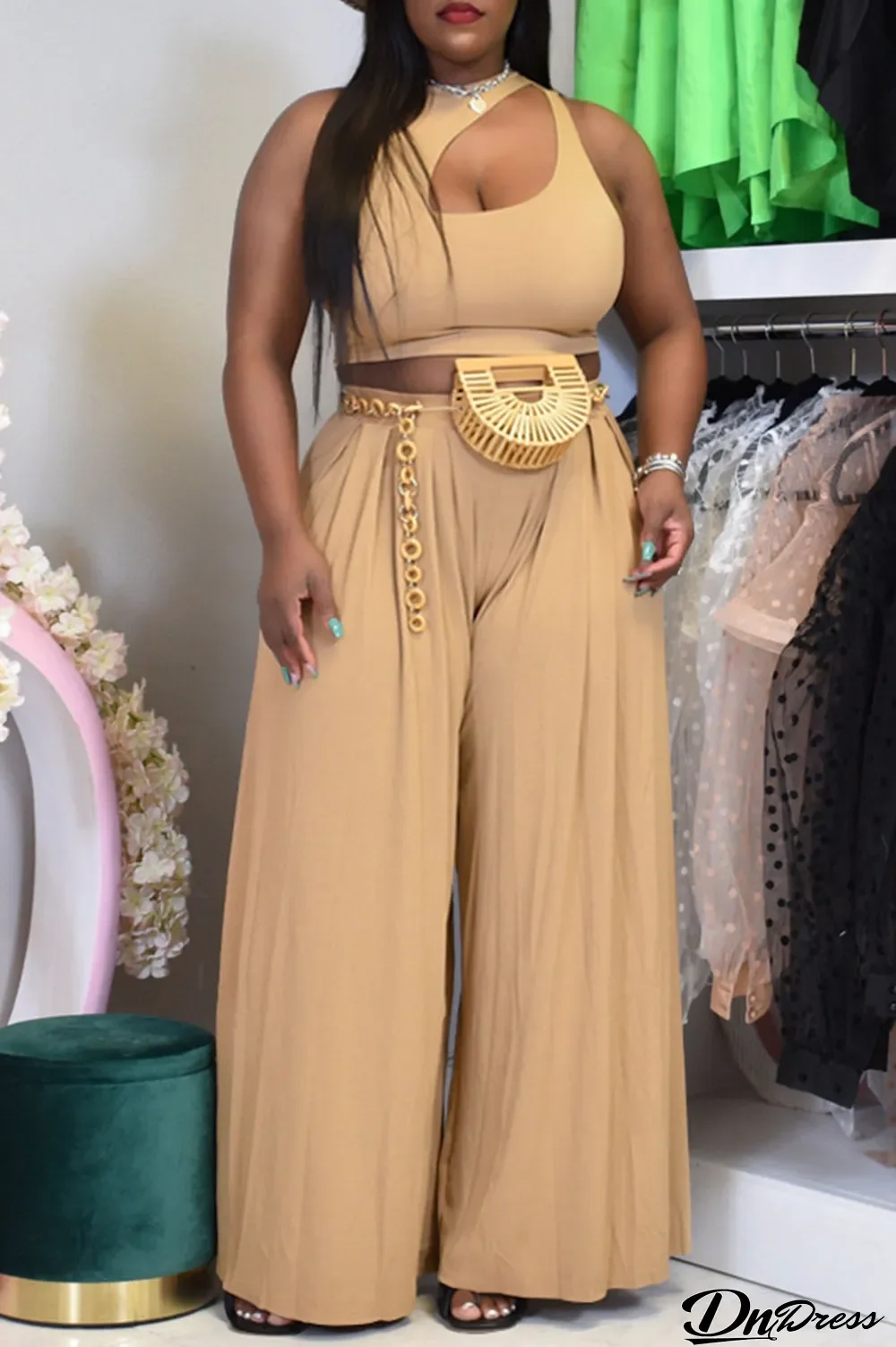 Apricot Casual Solid Hollowed Out Patchwork Asymmetrical Collar Plus Size Two Pieces