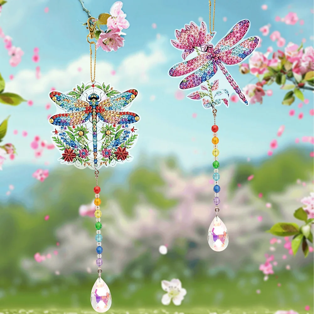 2Pcs Diamond Painting Sun Catcher Crystal Painting Ornaments (Flower Dragonfly)