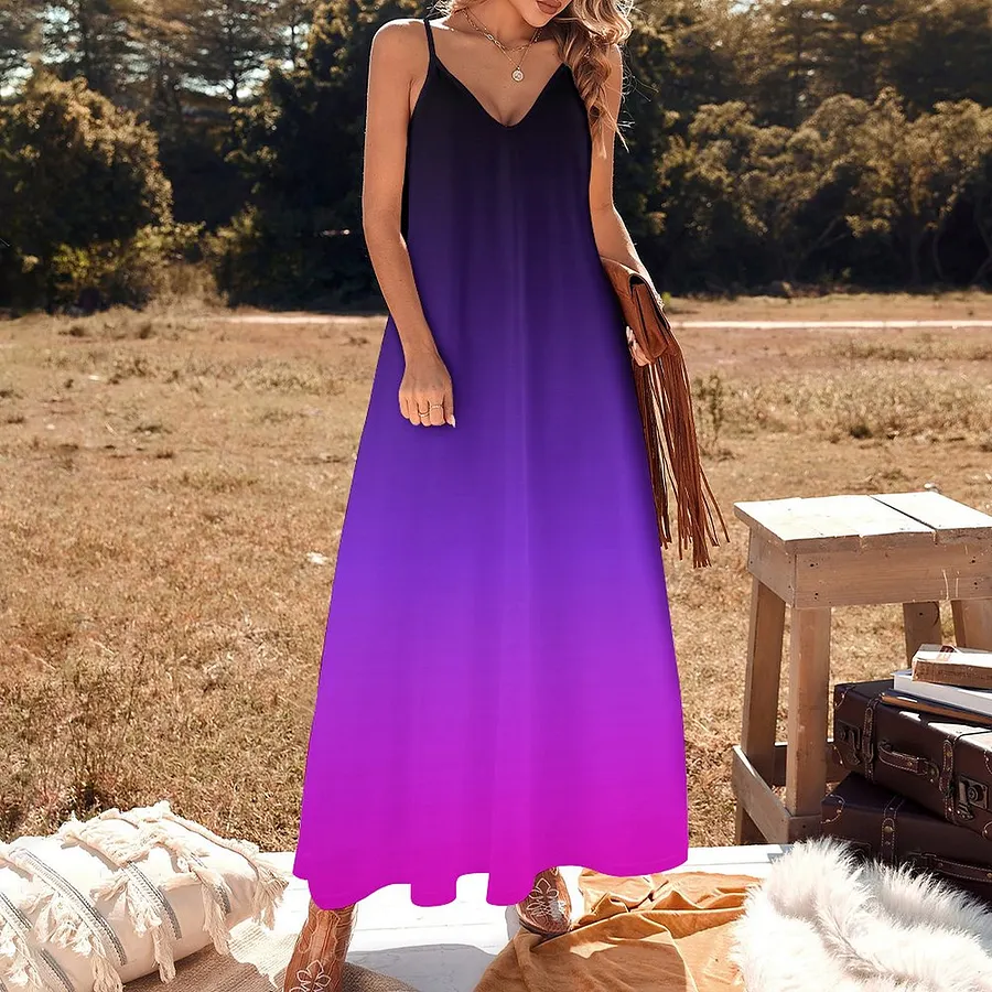 Black Violet and Pink Ombre Women's Casual Strappy V Neck Sleeveless Flowy Loose Long Maxi Beach Dress Sundress Black & Pink-4XL