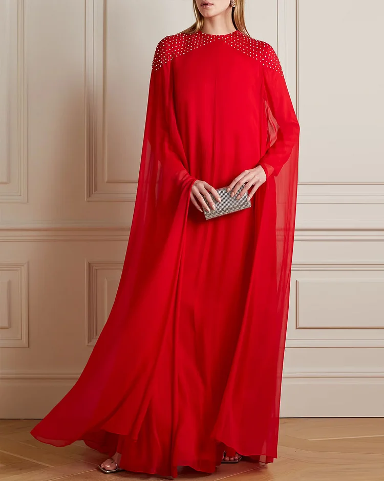 Cape-effect crystal-embellished silk-chiffon gown