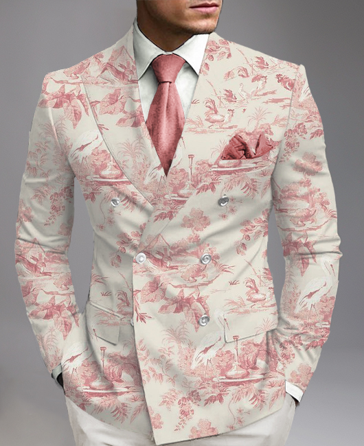 Business Peaked Lapel Double Breasted Floral Plant Pattern Blazer