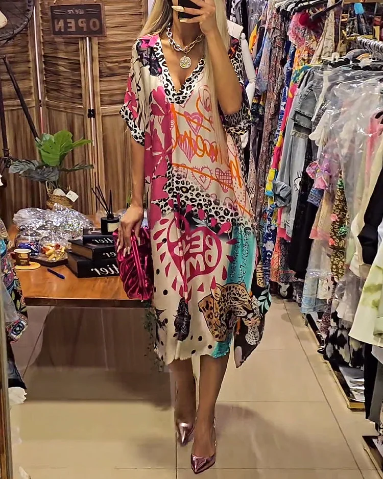 Casual Deep V-Neck Dress with Colorful Leopard Print