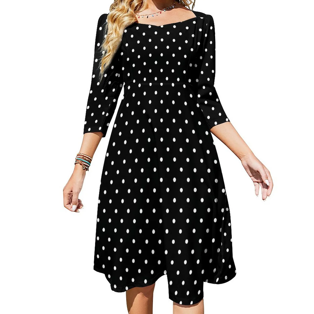Party Festive Tiny White Polka Dots On Black Dress Sweetheart Tie Back Flared 3/4 Sleeve Midi Dresses