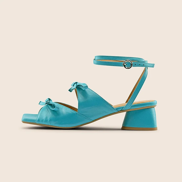 Blue Bow Sandals Khaki Classic Block Heel Square Toe Shoes Vdcoo