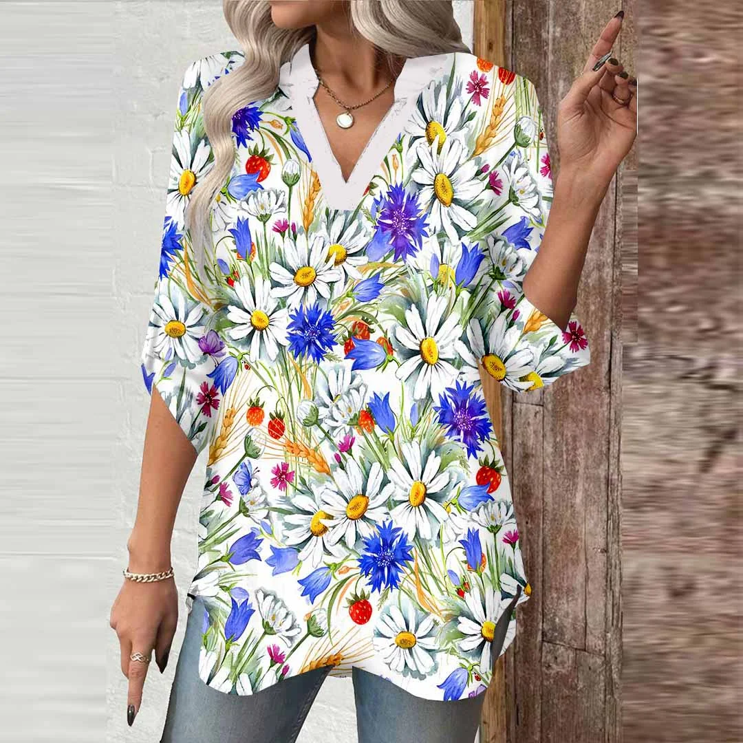 Women Floral, Purple, Green DZGA0753 3/4 Sleeve V-neck Printed Graphic Button Tops