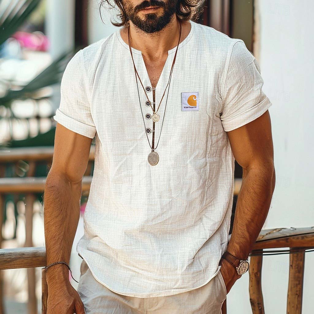Men's Surfing Cotton And Linen Print Beach Short Sleeve Henley Shirt / TECHWEAR CLUB / Techwear