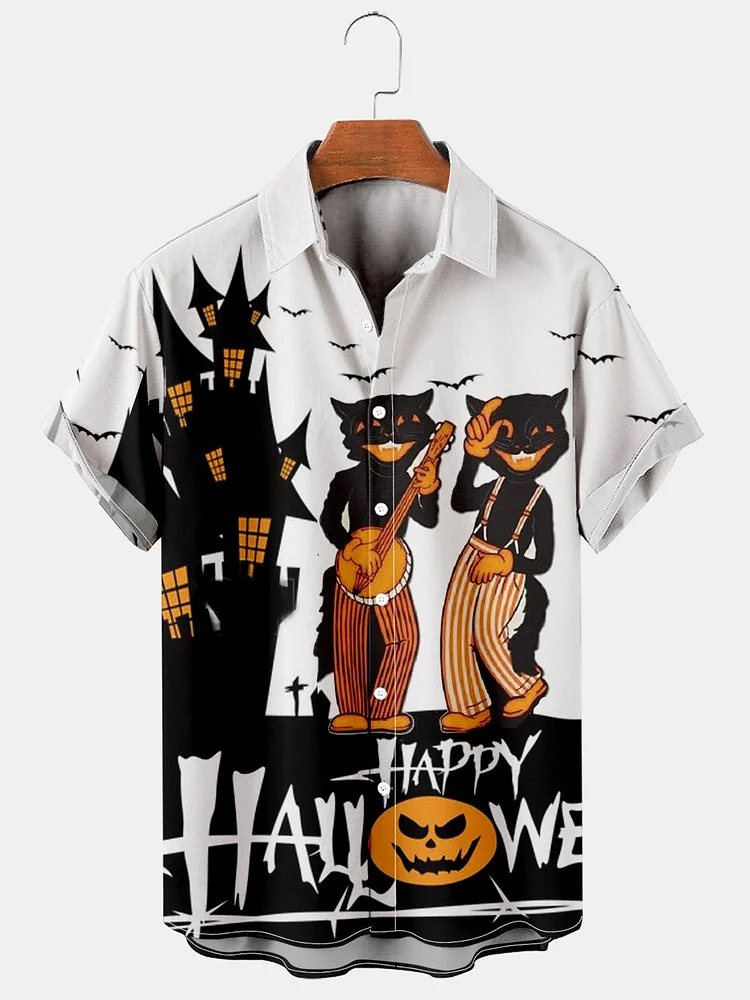 Men's Halloween Castle Music Cat Print Shirt socialshop