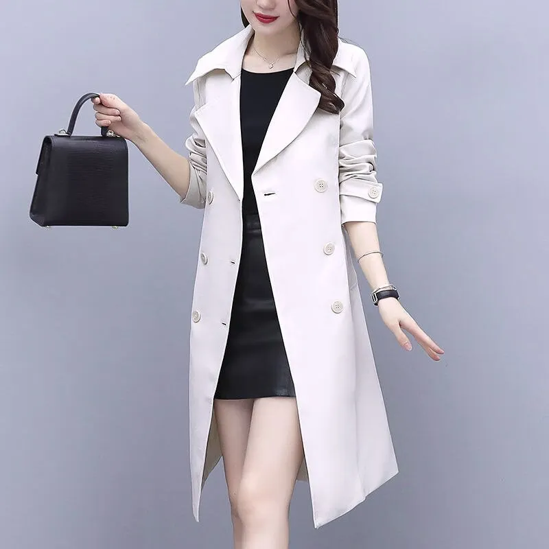 2021 New Spring Elegant Women Double Breasted Solid Thin Trench Coat Vintage Turn-down Collar Warm Trench With Belt Plus Size