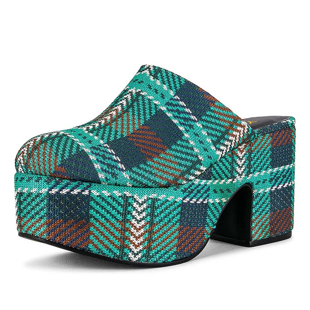 YDN Multicolor Block Heel Plaid Platform Mule Shoes for Women