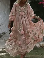 Women's Floral Roses Art Print Flowy Linen Blend Casual Long Sleeve Maxi Dress