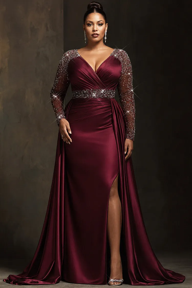 Xpluswear Design Plus Size Formal Tulle Burgundy Wrap Neck Long Sleeve Split With&nbsp;Skirt&nbsp;Overlay&nbsp;Satin Maxi Dresses [Pre-Order] 2024 - Xpluswear