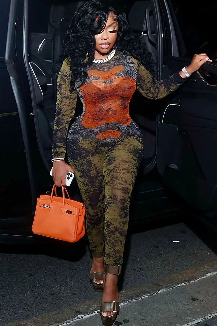 Pattern Print Round Neck Long Sleeve Colorblock Skinny Jumpsuit-Orange