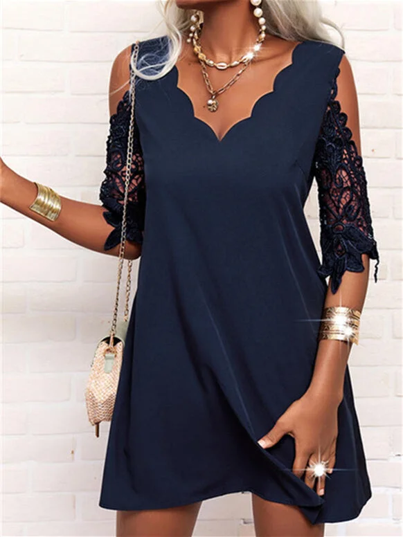 Women plus size clothing Women's Casual Plain Lace Short Sleeve V-neck Mini Dress-Nordswear