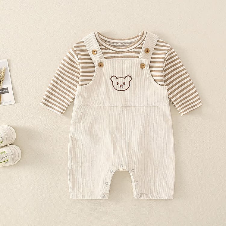 Baby Bear Overalls and Striped T-Shirt Set
