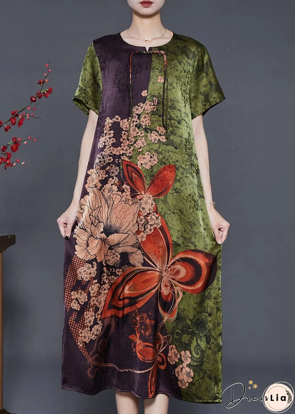 Green Print Silk Holiday Dress Chinese Button Summer