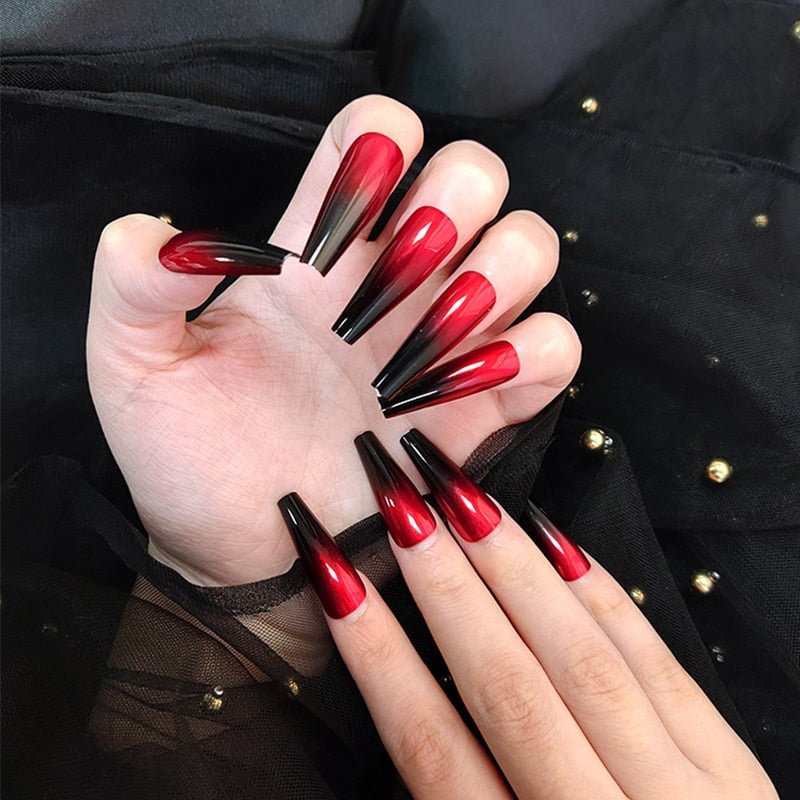 European Red Black Gradient Fake Nails Extra Long Ballerina Artificial Full Nail Art Tip with Glue Coffin Shaped Press On Nails