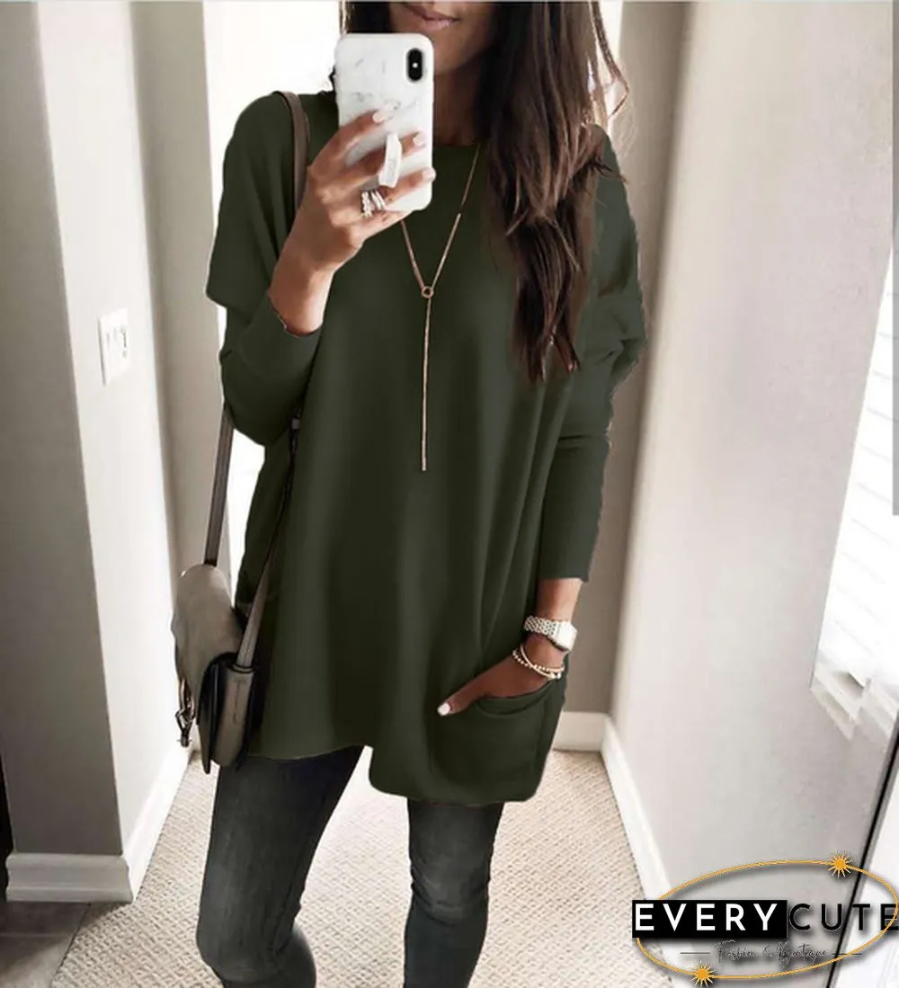 Plus Size Womens Autumn & Winter Casual Top Loose Pocket T-Shirt Long Sleeve Bat Blouse