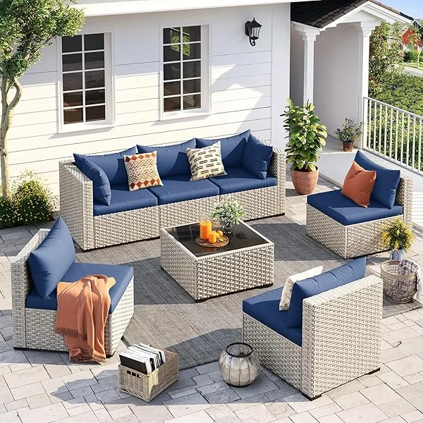 Outdoor Patio Furniture Set, 7-Piece PE Wicker Sectional Sofa with Tea Table, Outdoor Conversation Set for Patio, Garden, Backyard Green 7 Pieces