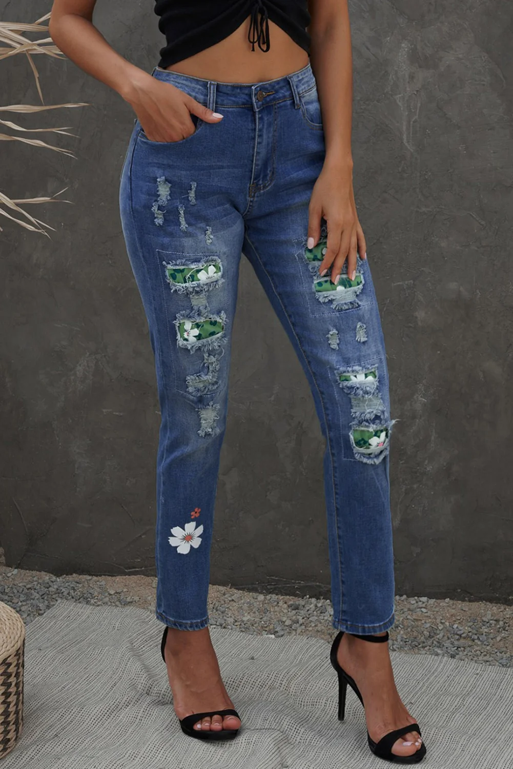 Green Floral Leopard Print Patchwork Distressed High Waist Jeans