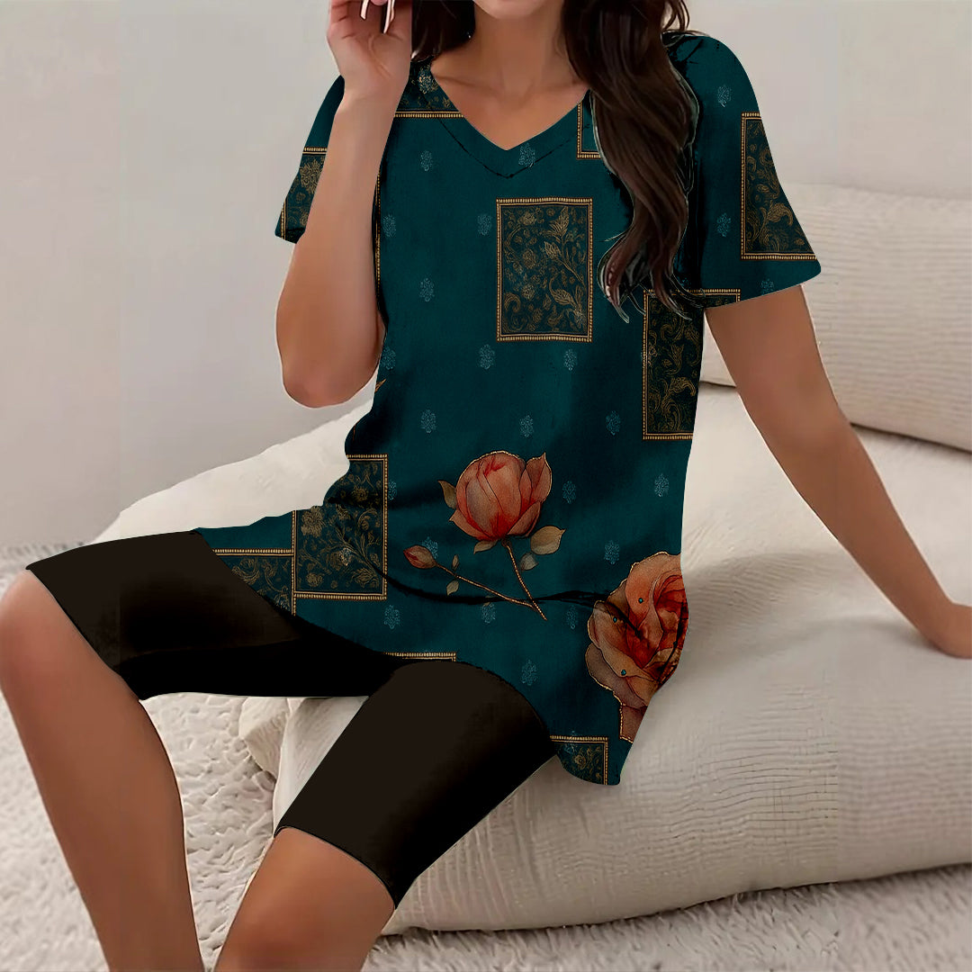 Women Long Sleeve V-neck Graphic Floral Printed Top