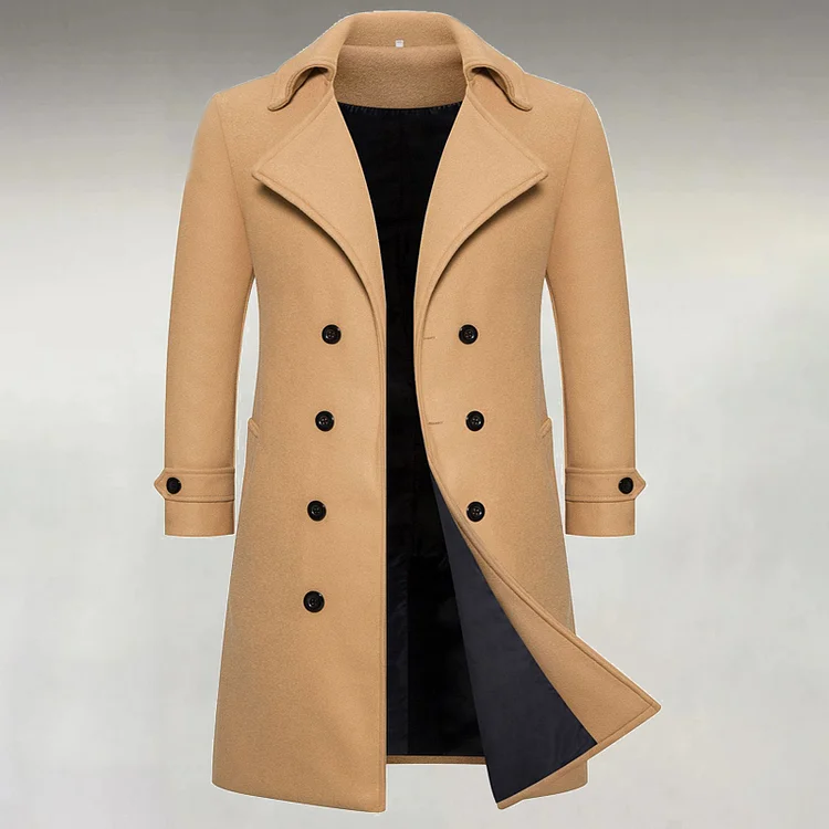 Men's Casual Solid Notch Lapel Double-Breasted Mid-Length Coat