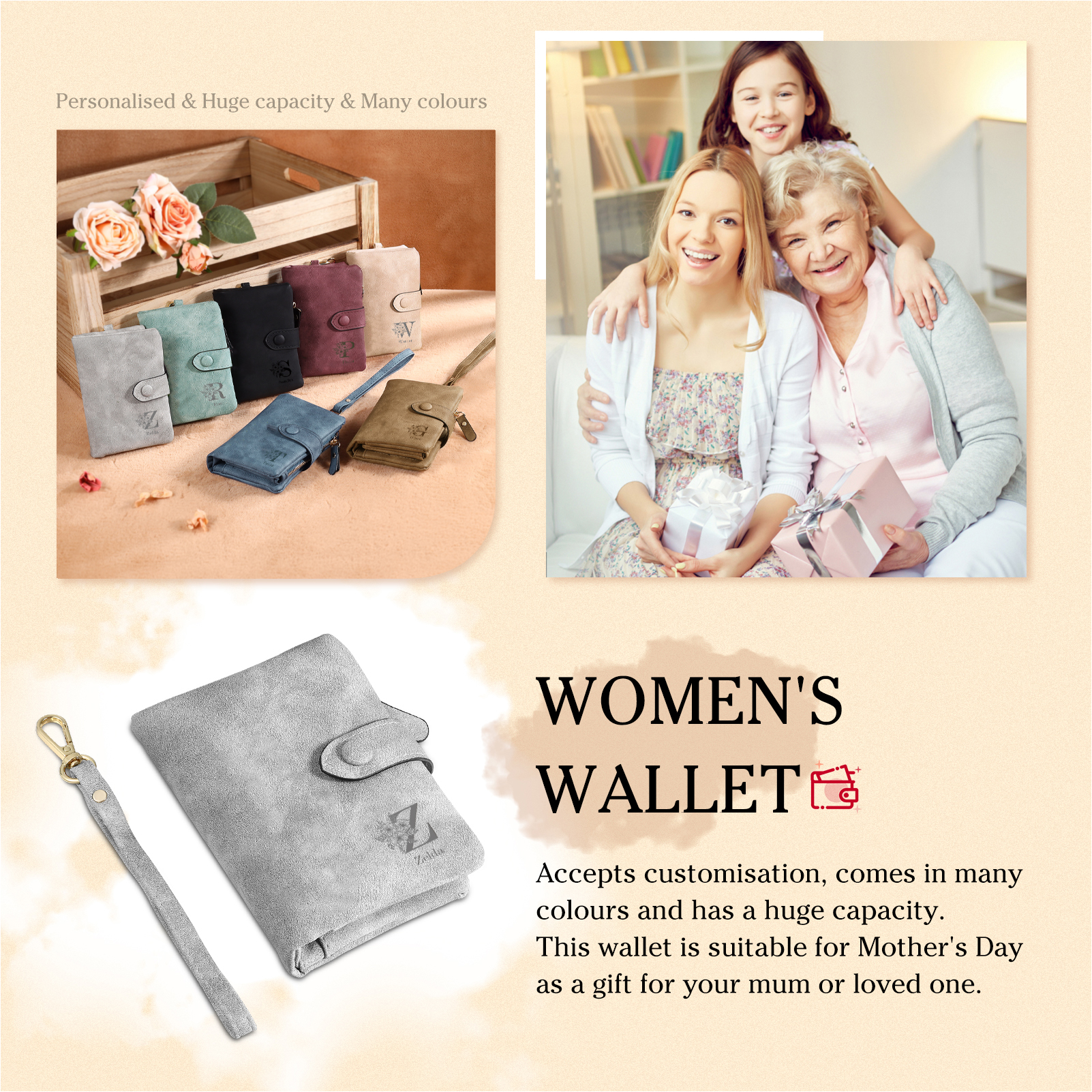 Portafoglio in PU pelle albero di vita con 8 letetre & 1 testo & 1 nome personalizzati per mamma/nonna