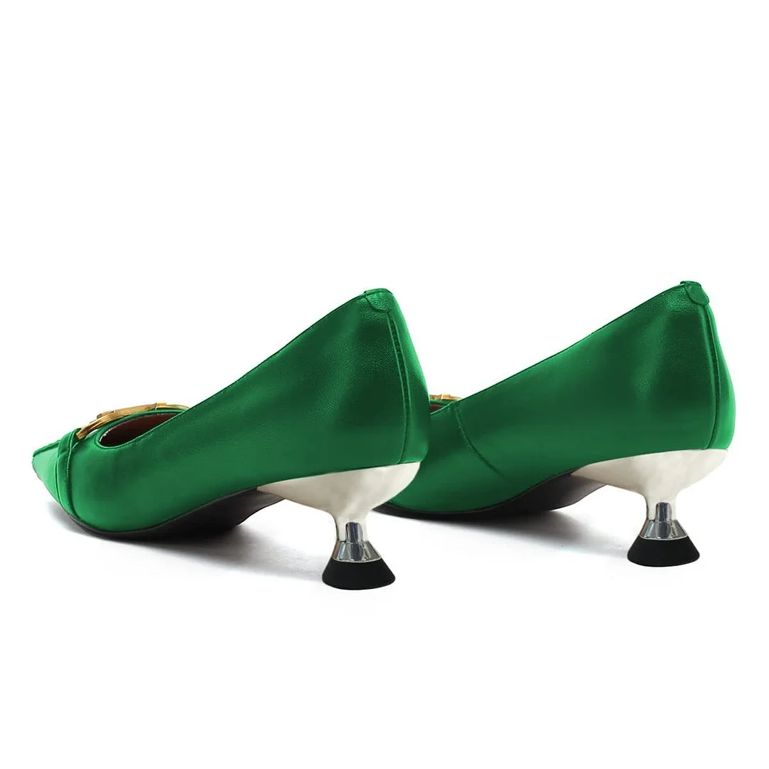 Green Pointed Toe Horsebit Slip On Low Kitten Heel Pumps for Women