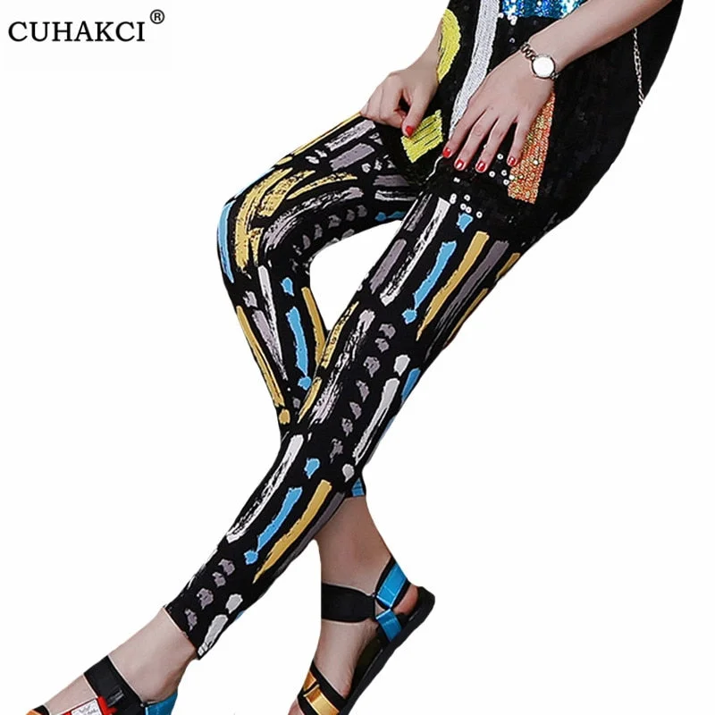 CUHAKCI Fitness Leggins Women Legging Graffiti Cartoon Printed Trousers Elastic Push Up Pencil Pants Polyester